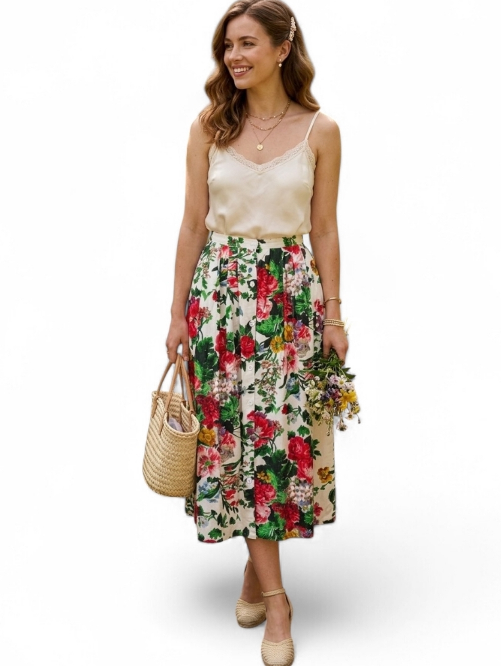 Vintage 80's Floral Cottagecore Pleated Midi Skirt Pockets SZ S